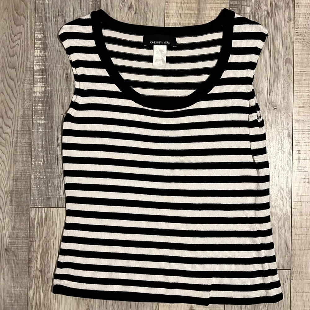 Jones New York Black and White Striped Cap Sleeve Top